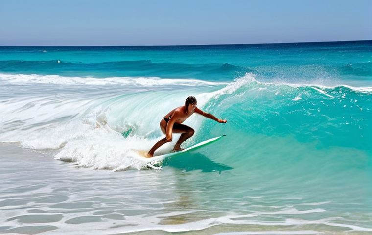 **Gold Coast, Australia:** A surfer riding a wave at Kirra Beach, clear turquoise water, white sand, sunny day.