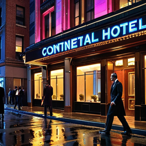 Home 6 **
A panoramic view of the Continental Hotel in New York City at night, neon lights reflecting on rain-slicked streets. Sharp-dressed assassins are entering and exiting the hotel, a doorman stands guard. Emphasize the hotel's opulent, old-world architecture contrasted with the gritty, modern city.
**