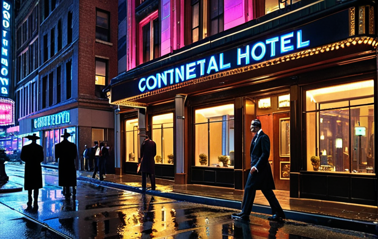 **
A panoramic view of the Continental Hotel in New York City at night, neon lights reflecting on rain-slicked streets. Sharp-dressed assassins are entering and exiting the hotel, a doorman stands guard. Emphasize the hotel's opulent, old-world architecture contrasted with the gritty, modern city.
**