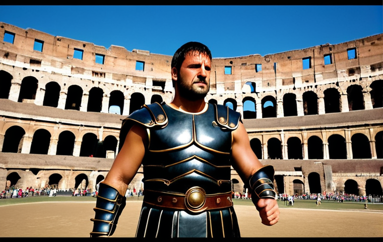 글래디에이터 영화 촬영된 콜로세움 - Gladiator Scene Recreation**

"A fully clothed, professional actor portraying a gladiator in a stage...
