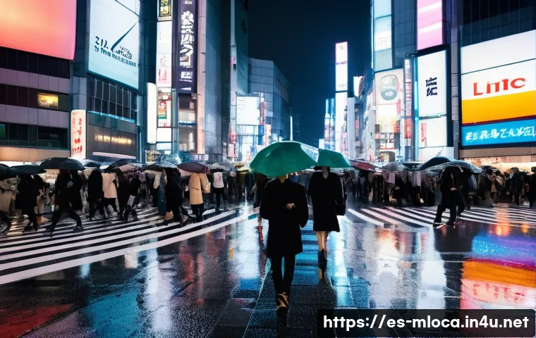 일본 영화 촬영된 장소 - **Prompt:** A dynamic, wide-angle shot of Shibuya Crossing in Tokyo on a rainy night. The streets ar...
