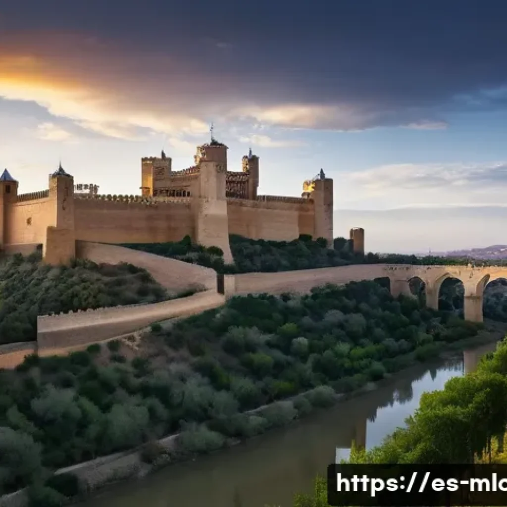 경주 역사 영화 촬영지 - A majestic, wide shot of the Castillo de Almodóvar del Río in Córdoba, Spain, at dusk. The ancient f...