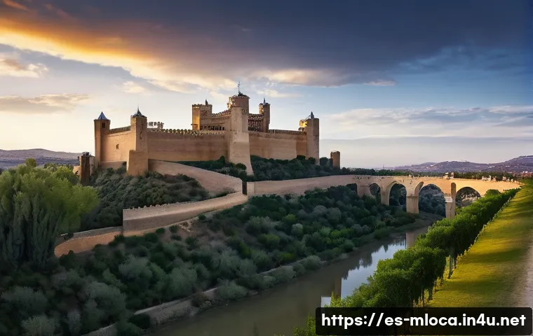 경주 역사 영화 촬영지 - A majestic, wide shot of the Castillo de Almod&oacute;var del R&iacute;o in C&oacute;rdoba, Spain, at dusk. The ancient f...