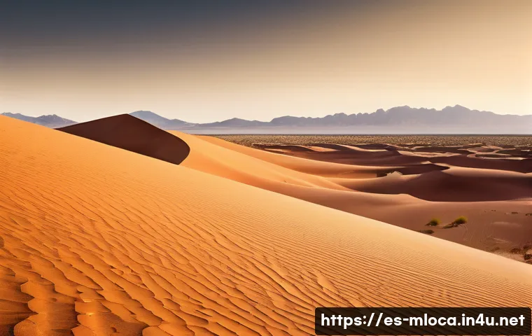 인터스텔라 촬영된 미국 지역 - A vast American desert landscape inspired by the Arizona desert, featuring expansive sandy dunes and...