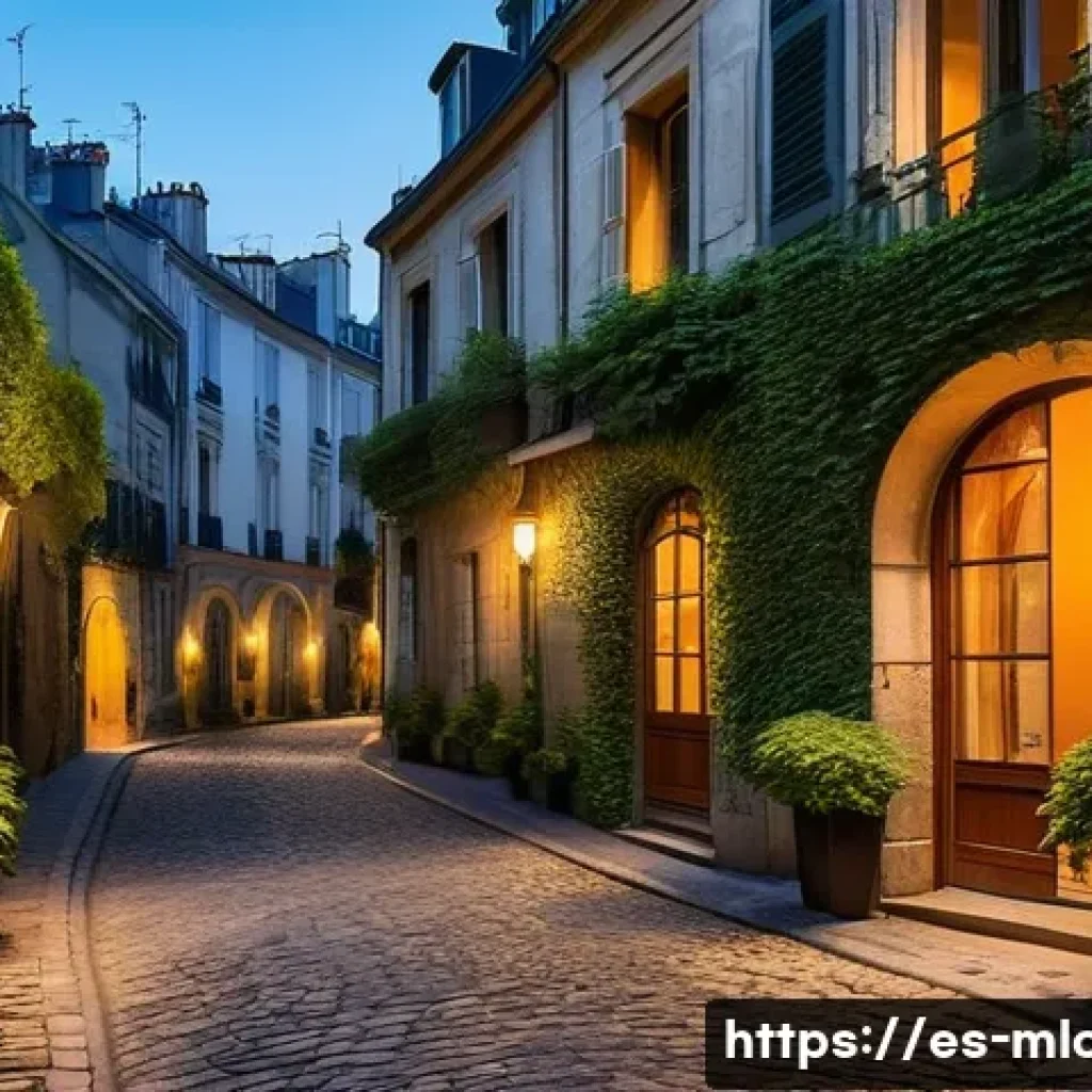 다빈치 코드 촬영된 파리 명소 - A narrow hidden Parisian alley at twilight, illuminated by soft vintage street lamps casting warm go...