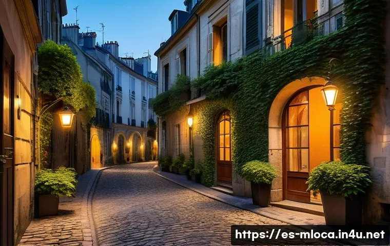 다빈치 코드 촬영된 파리 명소 - A narrow hidden Parisian alley at twilight, illuminated by soft vintage street lamps casting warm go...