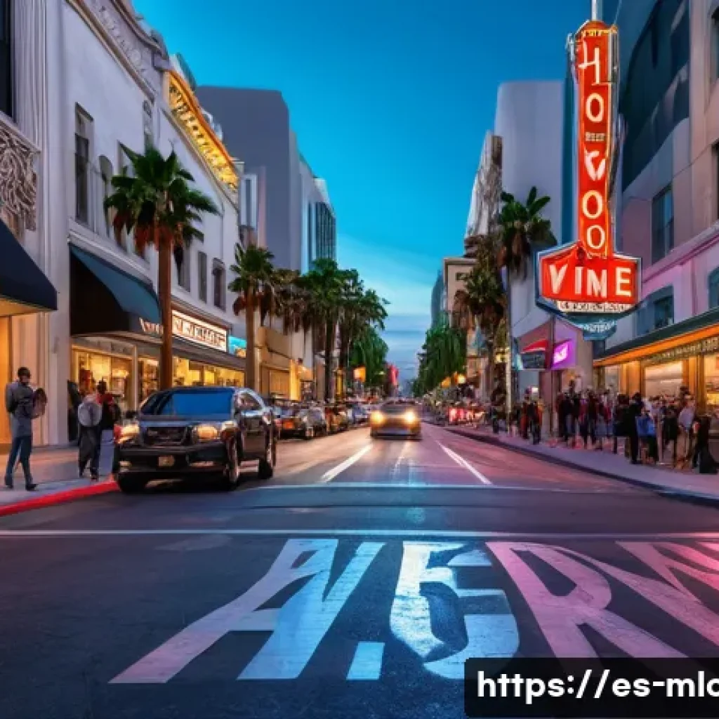 로스앤젤레스 영화 속 장소 - A vibrant, bustling Hollywood Boulevard scene at dusk, showcasing the iconic Walk of Fame stars embe...