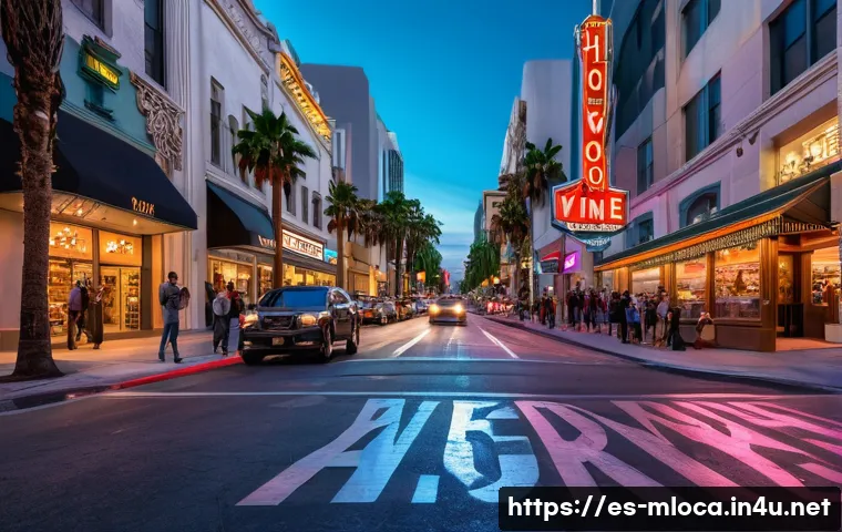 로스앤젤레스 영화 속 장소 - A vibrant, bustling Hollywood Boulevard scene at dusk, showcasing the iconic Walk of Fame stars embe...