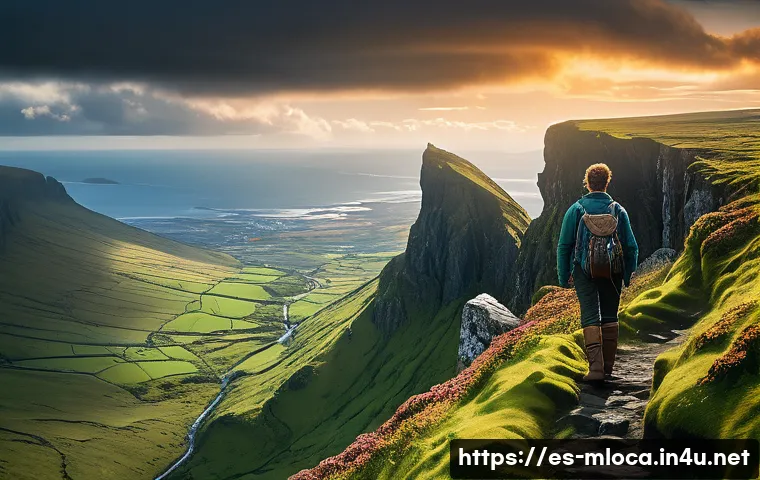 왕좌의 게임 촬영지 - Majestic rugged cliffs and steep mountains of Northern Ireland under a dramatic cloudy sky, featurin...