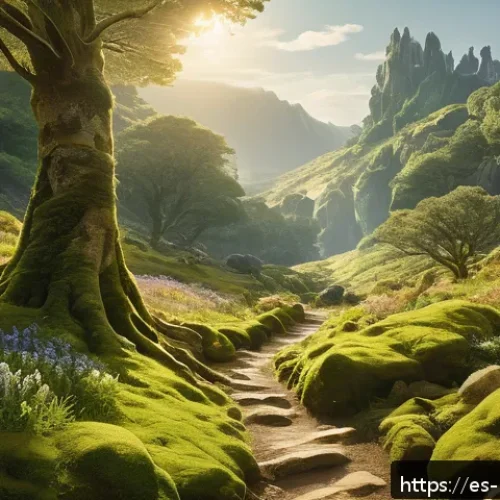 Home 33 반지의 제왕 뉴질랜드 촬영지 - A breathtaking fantasy valley scene inspired by Middle-earth, featuring ancient towering trees with ...