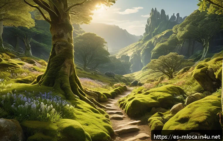반지의 제왕 뉴질랜드 촬영지 - A breathtaking fantasy valley scene inspired by Middle-earth, featuring ancient towering trees with ...