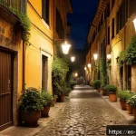 Home 20 로마 영화 촬영된 장소 - A romantic nighttime street scene in Trastevere, Rome, featuring narrow cobblestone alleys softly il...