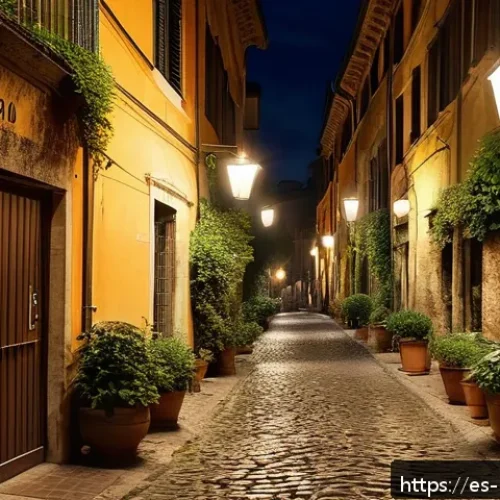 Home 32 로마 영화 촬영된 장소 - A romantic nighttime street scene in Trastevere, Rome, featuring narrow cobblestone alleys softly il...