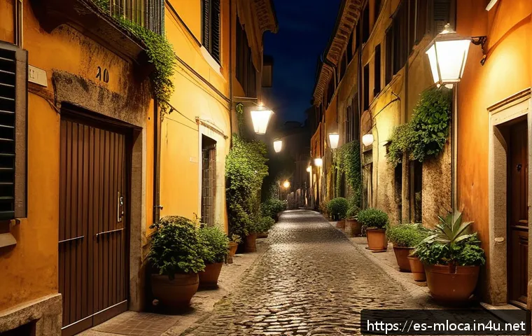 로마 영화 촬영된 장소 - A romantic nighttime street scene in Trastevere, Rome, featuring narrow cobblestone alleys softly il...