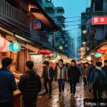 Home 19 홍콩 영화 속 명소 - A bustling narrow street in Mong Kok at dusk, illuminated by vibrant neon signs in Chinese character...