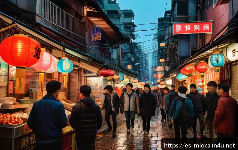 홍콩 영화 속 명소 - A bustling narrow street in Mong Kok at dusk, illuminated by vibrant neon signs in Chinese character...