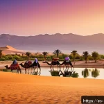 Home 18 올드가드 영화 속 모로코 명소 - A serene Moroccan desert oasis at sunset, featuring lush green palm trees surrounding a sparkling cl...