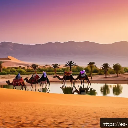 Home 30 올드가드 영화 속 모로코 명소 - A serene Moroccan desert oasis at sunset, featuring lush green palm trees surrounding a sparkling cl...
