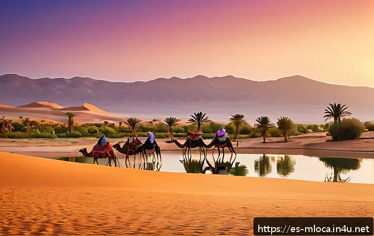 올드가드 영화 속 모로코 명소 - A serene Moroccan desert oasis at sunset, featuring lush green palm trees surrounding a sparkling cl...
