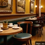 Home 23 파리 영화 속 명소 - A cozy vintage Parisian café interior in Le Marais district, softly lit with warm golden tones, feat...