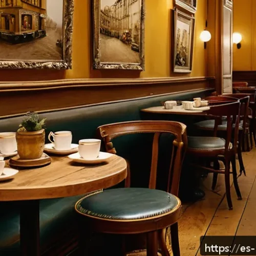 Home 17 파리 영화 속 명소 - A cozy vintage Parisian café interior in Le Marais district, softly lit with warm golden tones, feat...