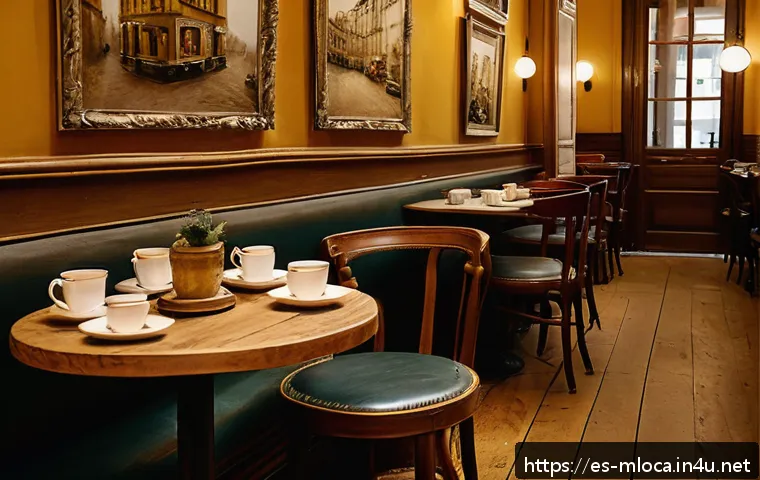 파리 영화 속 명소 - A cozy vintage Parisian caf&eacute; interior in Le Marais district, softly lit with warm golden tones, feat...