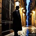 박찬욱 감독 영화 속 장소 - Photorealistic neo-noir scene in a narrow rain-soaked alley of Barcelona’s Gothic Quarter at midnigh...