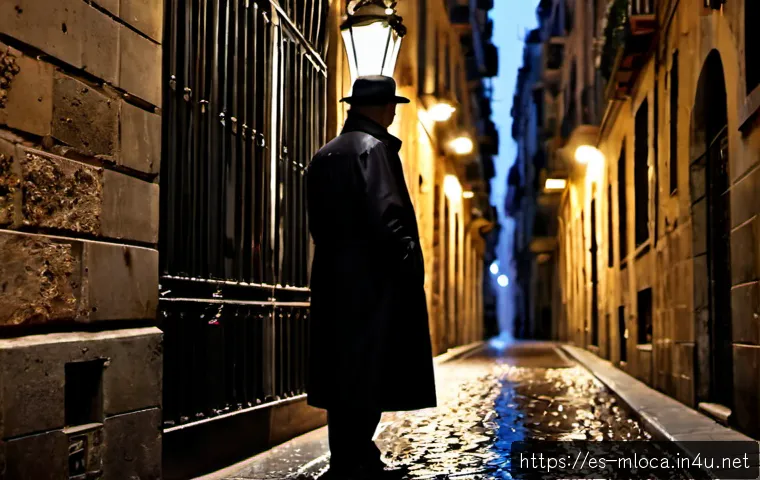 박찬욱 감독 영화 속 장소 - Photorealistic neo-noir scene in a narrow rain-soaked alley of Barcelona’s Gothic Quarter at midnigh...