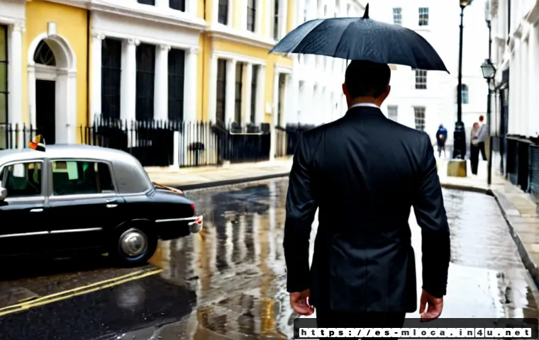 킹스맨 영화 속 영국 명소 - Photorealistic cinematic view of a refined London street near Savile Row, elegant Georgian townhouse...